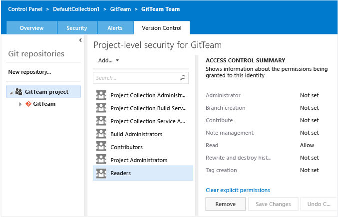 Strona uprawnień dla Git projektu w kontekście administratora