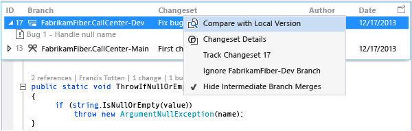 Funkcja CodeLens: Porównania przychodzących zmiany z lokalnego