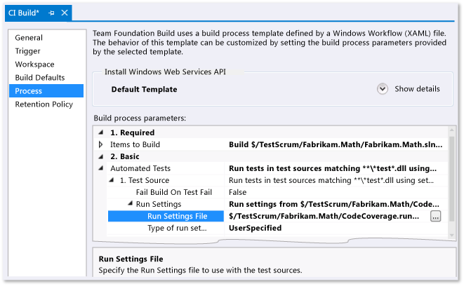 Określanie runsettings w definicji kompilacji