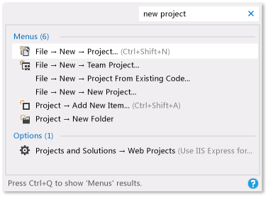 Productivity_QuickLaunch Quick Launch Results for 'new project'