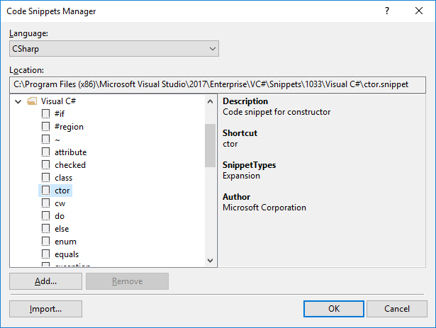 Code Snippets Manager dialog box