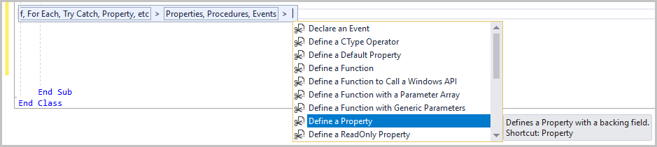 Code snippet menu for Define a Property