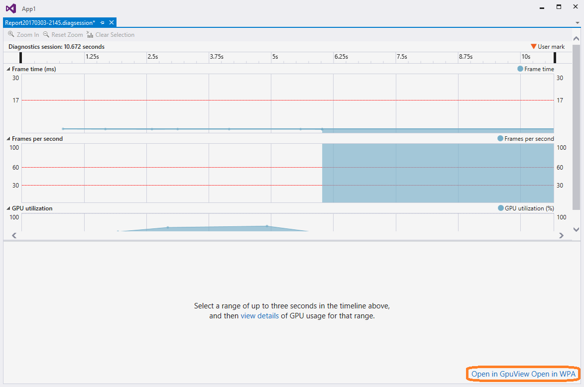 Screenshot of the diagnostics session window, with links highlighted