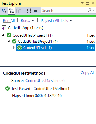 Passed test displays in Test Explorer