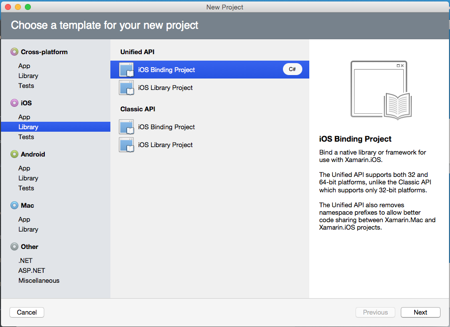 W oknie dialogowym Nowe rozwiązanie wybierz pozycję Projekt powiązania interfejsu API /Ujednolicony interfejs API/iOS