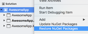 Zrzut ekranu przedstawiający pozycję Przywróć pakiety NuGet wybrane z menu kontekstowego rozwiązania.