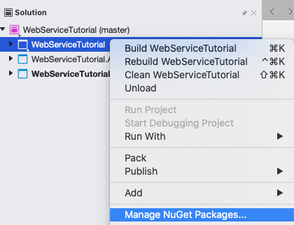 Zrzut ekranu przedstawiający wybieranie elementu menu Dodaj pakiety NuGet