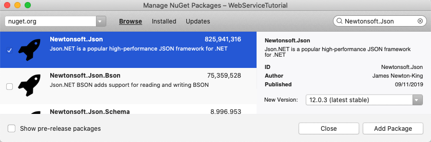 Zrzut ekranu przedstawiający pakiet NuGet Newtonsoft.Json w Menedżerze pakietów NuGet