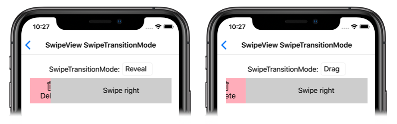 Zrzut ekranu przedstawiający tryb SwipeView SwipeTransitionModes w systemie iOS
