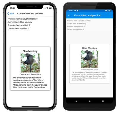 Zrzut ekranu przedstawiający widok CarouselView z poprzednimi i bieżącymi pozycjami w systemach iOS i Android