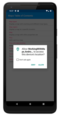 Zrzut ekranu przedstawiający żądanie uprawnień lokalizacji w systemie Android