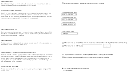 Resource Planning options for Portfolio Analysis Form.
