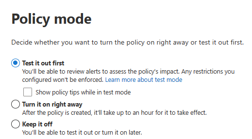 Screenshot of options for using test mode and turning on policy.