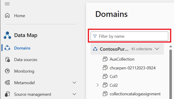 Screenshot of the domains menu with filter box above the domain and collection list highlighted.