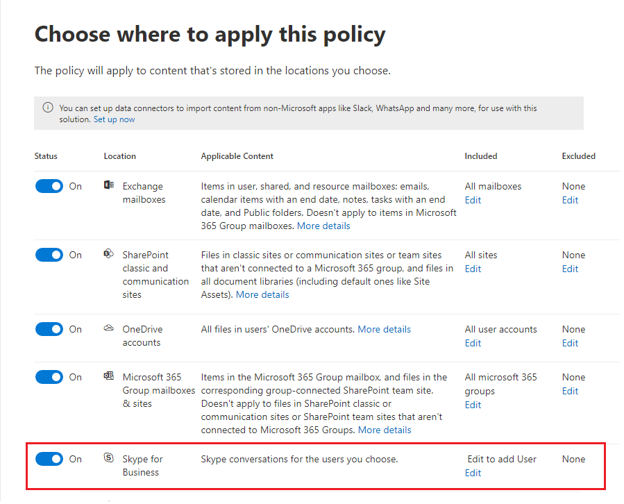 The Skype for Business retention policy location requires you to manually add users.