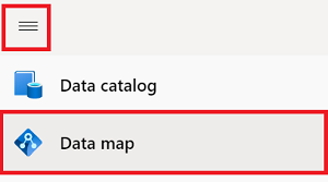 Screenshot that shows the far left menu in the Microsoft Purview governance portal open with Data Map highlighted.