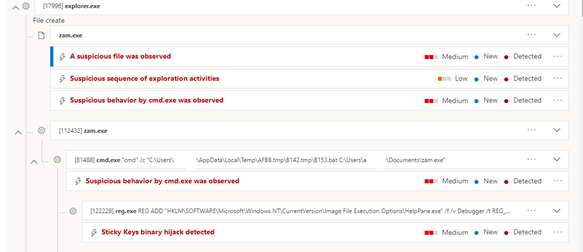 Przykład wykrywania włamania do kluczy sticky w portalu usługi Microsoft Defender.