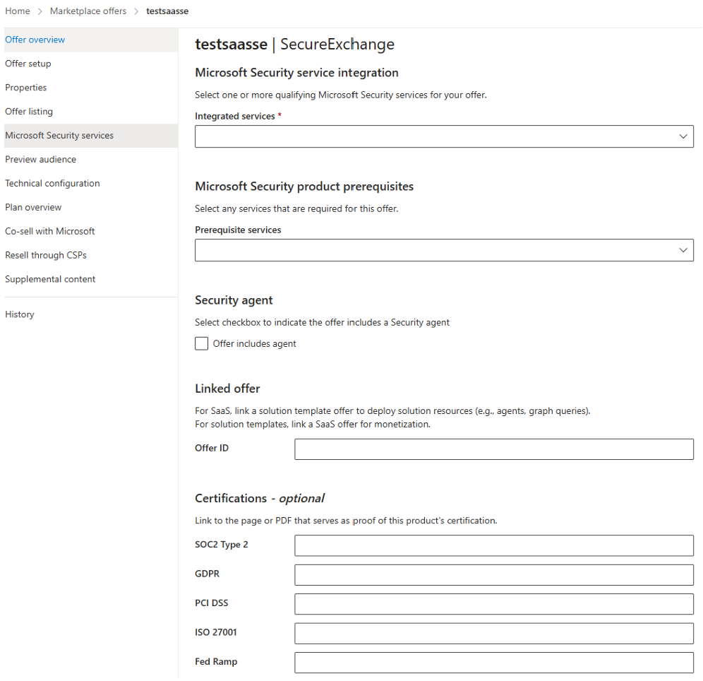 After you select *Save draft*, a new menu item called *Microsoft Security services* will appear on the left-hand navigation pane. Enter your metadata.