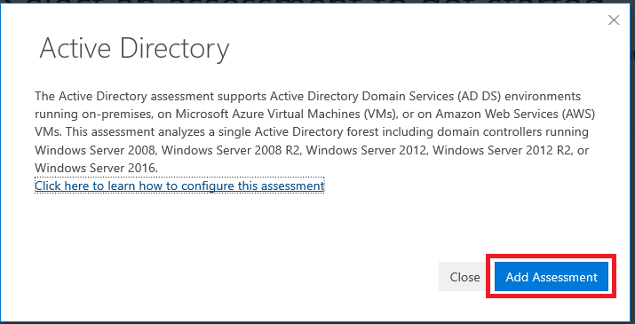 Okno dialogowe oceny usługi Active Directory z wyróżnionym przyciskiem „Dodaj ocenę”.