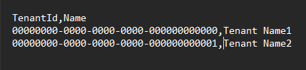 Arkusz kalkulacyjny Notatnika z górną linią z ciągiem TenantID,Name (identyfikator dzierżawy,nazwa), a następnie większą liczbą wierszy z przykładowymi danymi poniżej górnego wiersza.