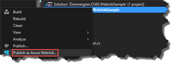 The Solution Explorer context menu is displayed with the Publish as Azure WebJob option highlighted.