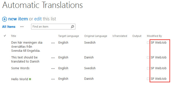 The automatic translation log shows four text translations attributed to SP WebJob.