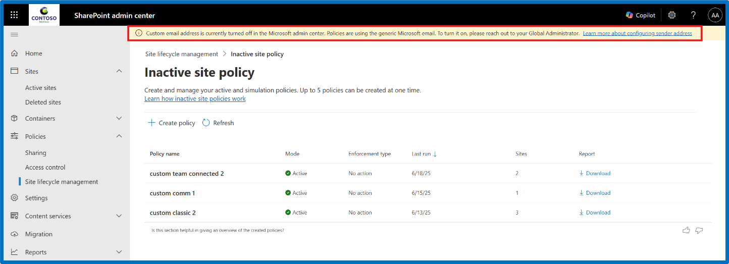 Screenshot showing a warning message that appears when the custom domain setting is turned off, indicating that email customization is not available.