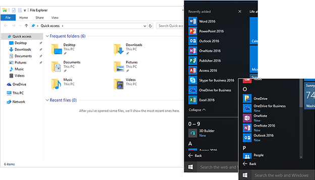 Zrzut ekranu przedstawiający widoki Eksploratora Windows i menu Start po zainstalowaniu pakietu Office 2016 w Windows 10.