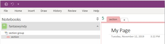 A screenshot of the OneNote application showing the notebook name, section groups with sections on the left-hand side of the screen, and an empty section page on the right side of the screen.