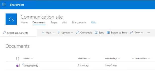A screenshot of a SharePoint communication site, showing the Documents foler with a OneNote document in the folder.