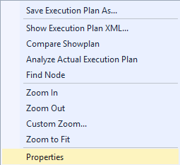 Zrzut ekranu programu SQL Server Management Studio wskazujący, gdzie kliknąć prawym przyciskiem myszy pozycję Właściwości w operatorze planu.