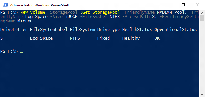 New-Volume Screenshot of a Windows Powershell window showing the output of the New-Volume cmdlet.