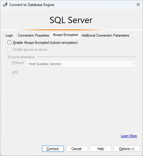 Zrzut ekranu przedstawiający opcję połączenia w programie SSMS z wyłączoną opcją Always Encrypted.