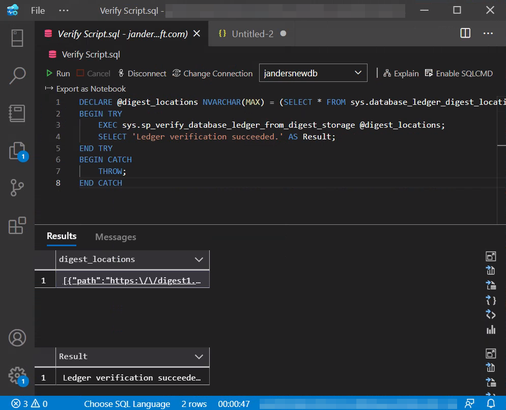 Zrzut ekranu przedstawiający uruchamianie weryfikacji rejestru przy użyciu programu Visual Studio Code.