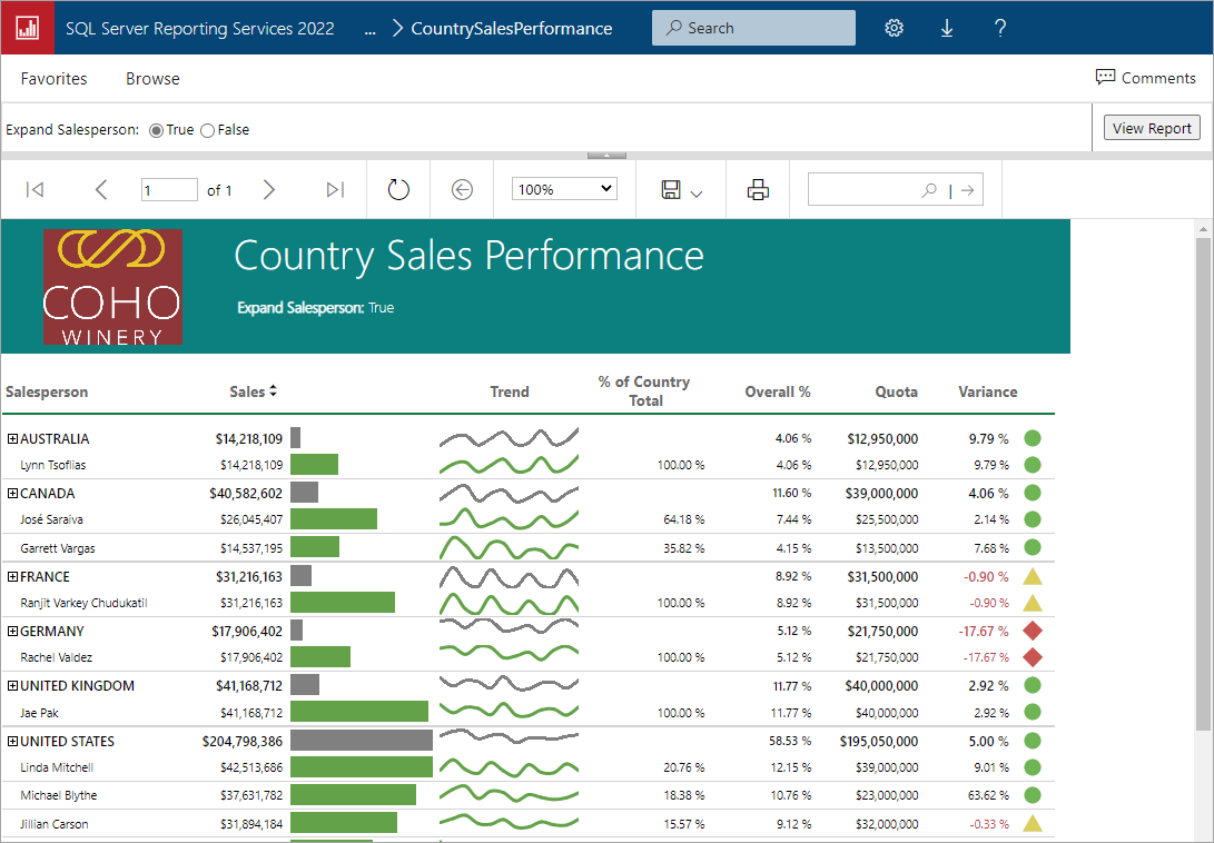 Zrzut ekranu przedstawiający raport usług SQL Server 2022 Reporting Services.
