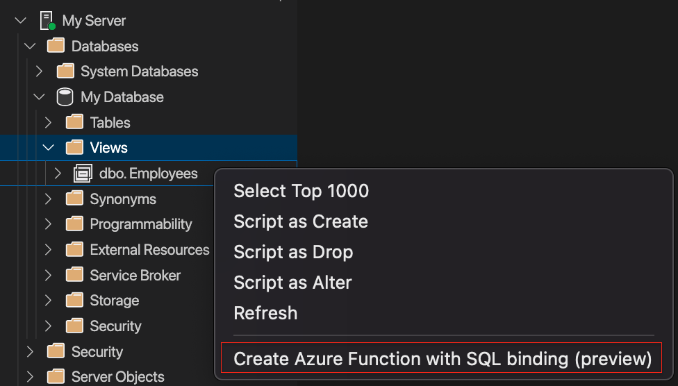 Screenshot of object explorer context menu to add a SQL binding from View.