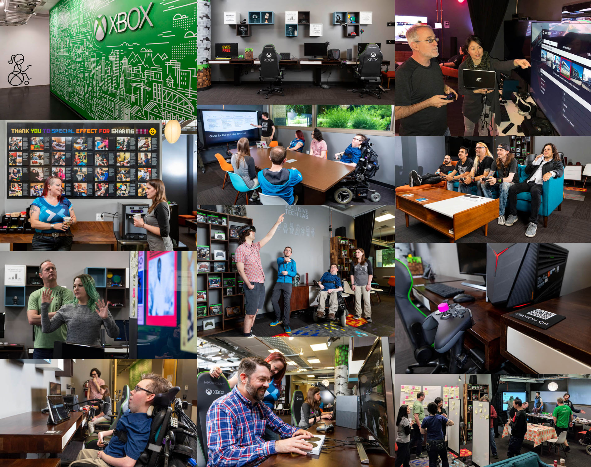 A mozaic of photos from the inclusive tech lab. Many people engaging with each other and equipment in the space.