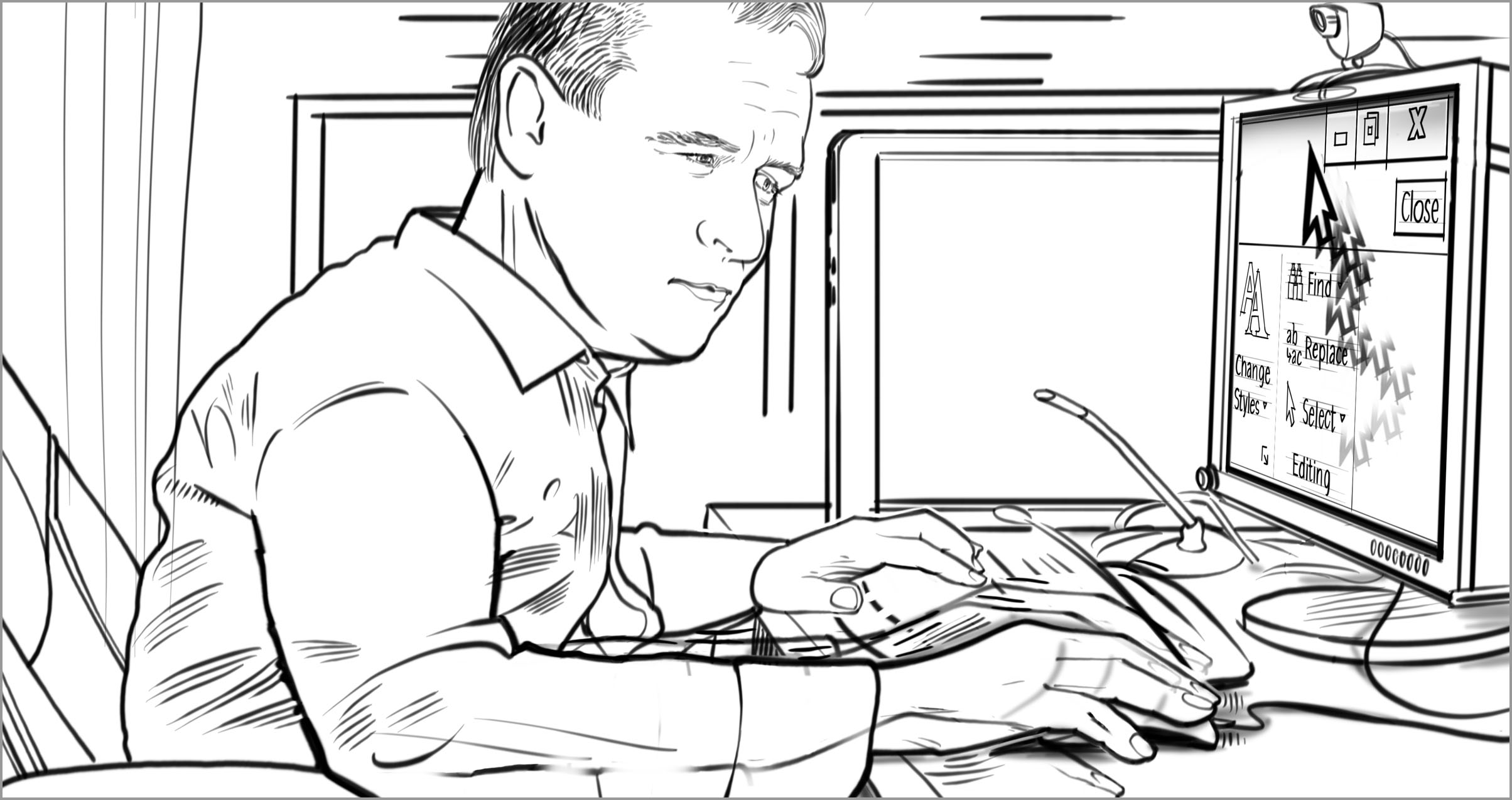 A person sits at a desk in front of a computer screen. They're using a mouse, but their hand is shaky, and the cursor on the screen is moving unsteadily.