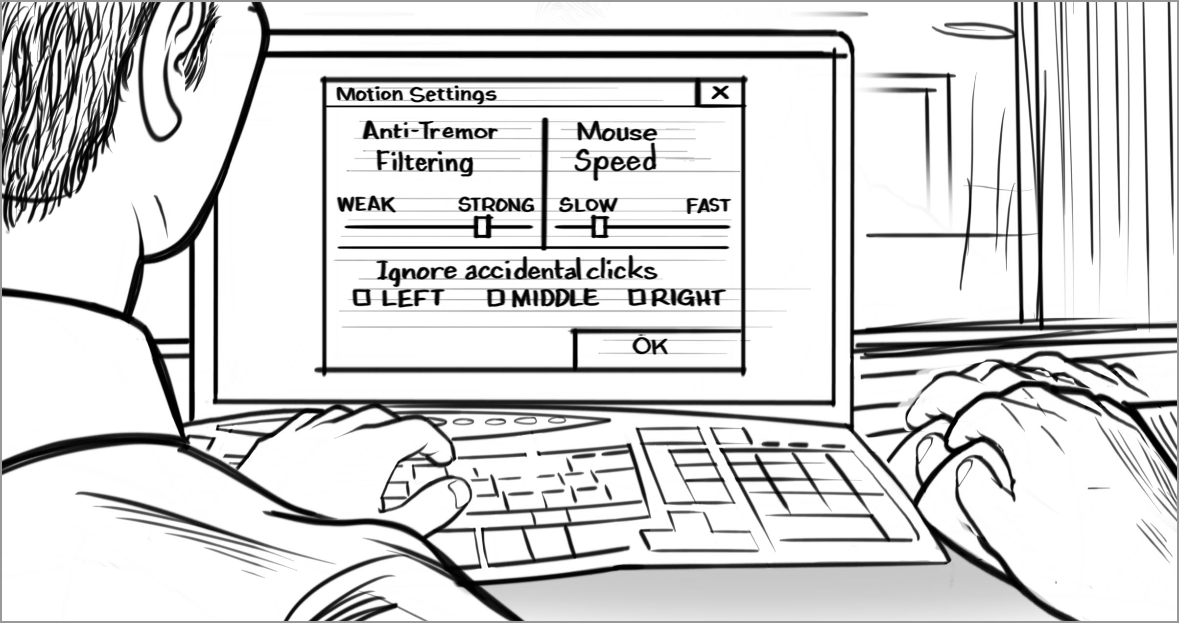 The man looks at a computer screen and chooses options for anti-tremor filtering.
