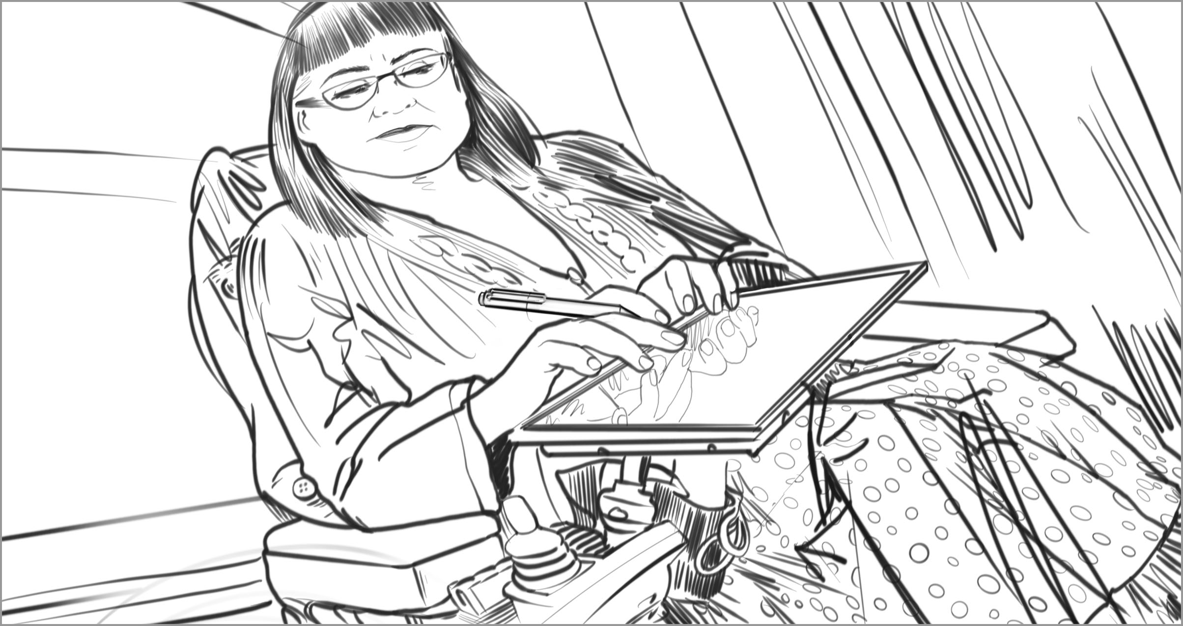 A woman sits in a wheelchair and holds a tablet on her lap. She’s looking down while typing on the touchscreen, and she looks stressed.