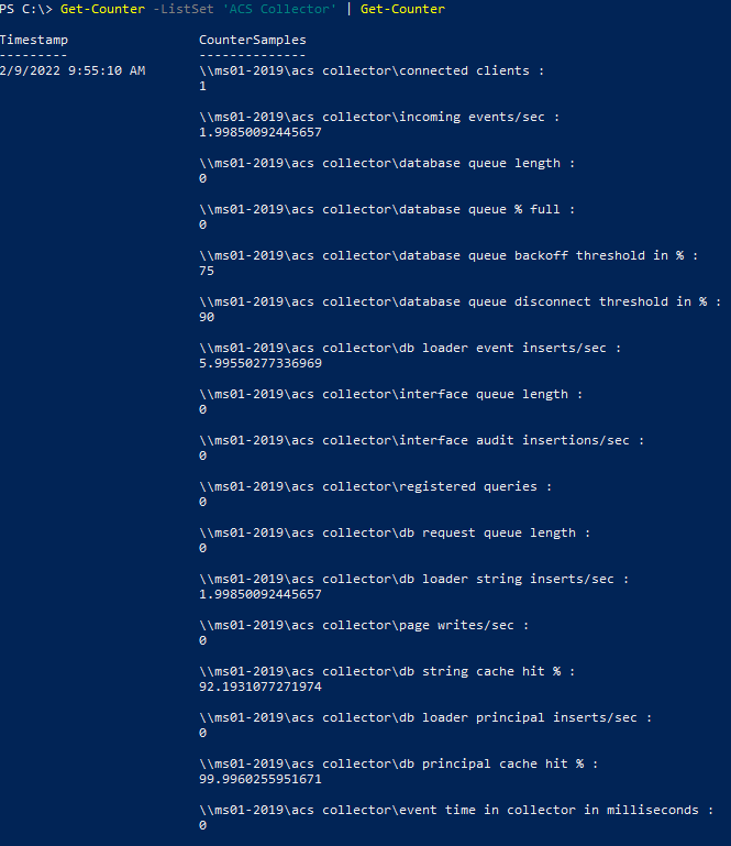 Zrzut ekranu przedstawiający przykład programu PowerShell do zbierania danych wydajności modułu zbierającego ACS.