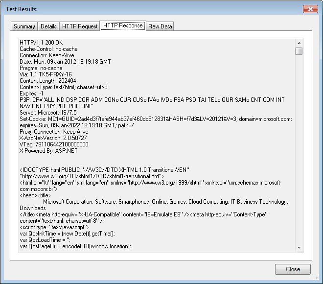 Zrzut ekranu przedstawiający kartę Odpowiedzi HTTP wyników testu.