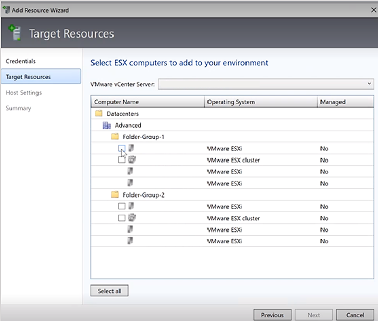 Zrzut ekranu przedstawiający stronę wybierania komputerów ESXi.