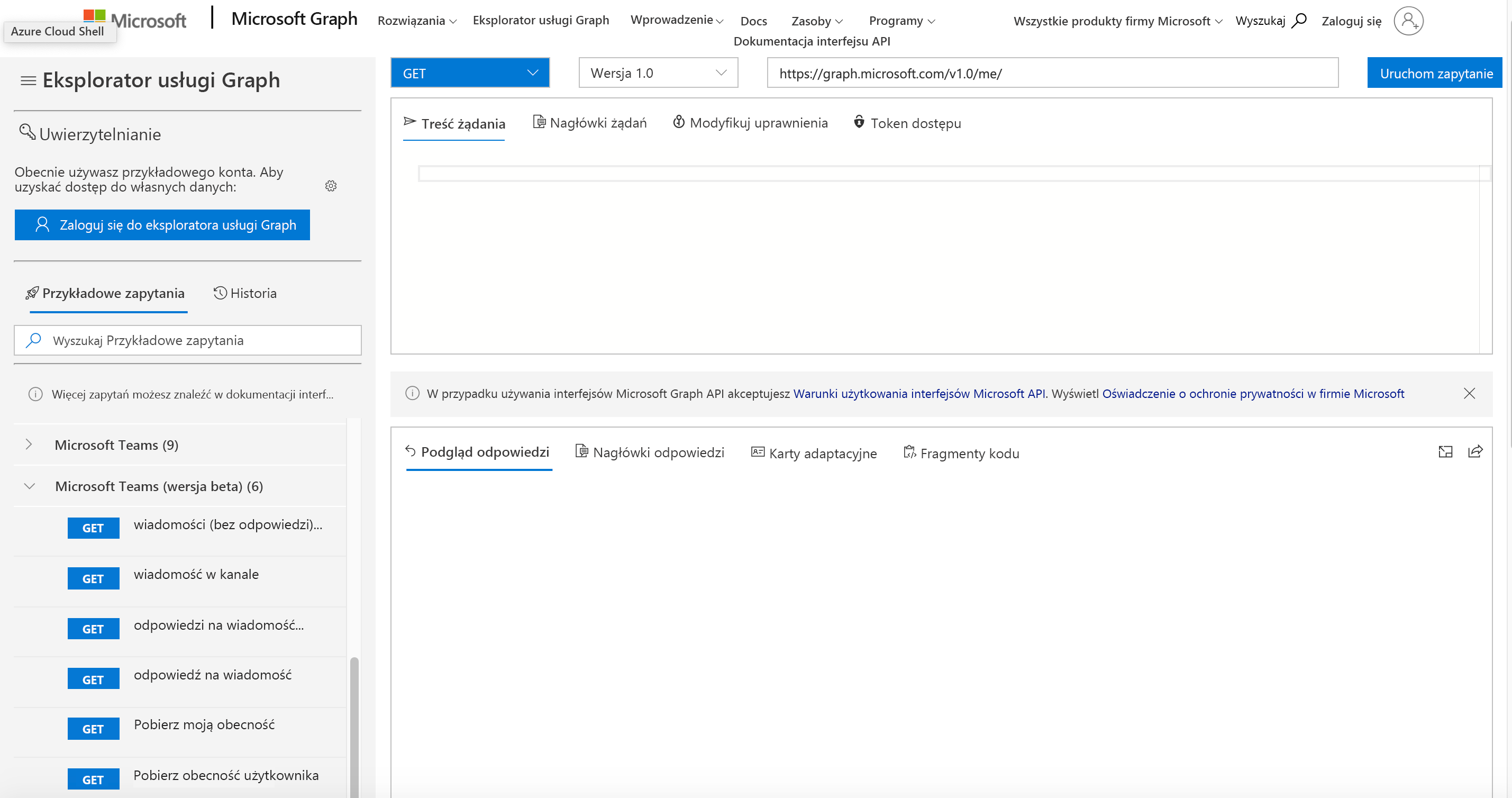 Zrzut ekranu przedstawiający stronę internetową programu Microsoft Graph Explorer.