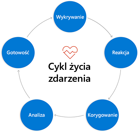 Diagram cyklu okręgów oznaczonych fazami z góry. Okręgi są połączone z następnym okręgiem ze strzałkami ze fazy do fazy.