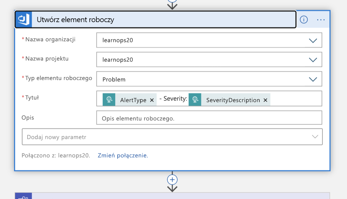 Screenshot of the Create a work item block in Logic App Designer view of the Logic App.