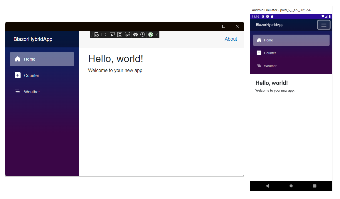 Zrzut ekranu przedstawiający domyślną aplikację hybrydową platformy Blazor działającą w systemach Windows i Android.