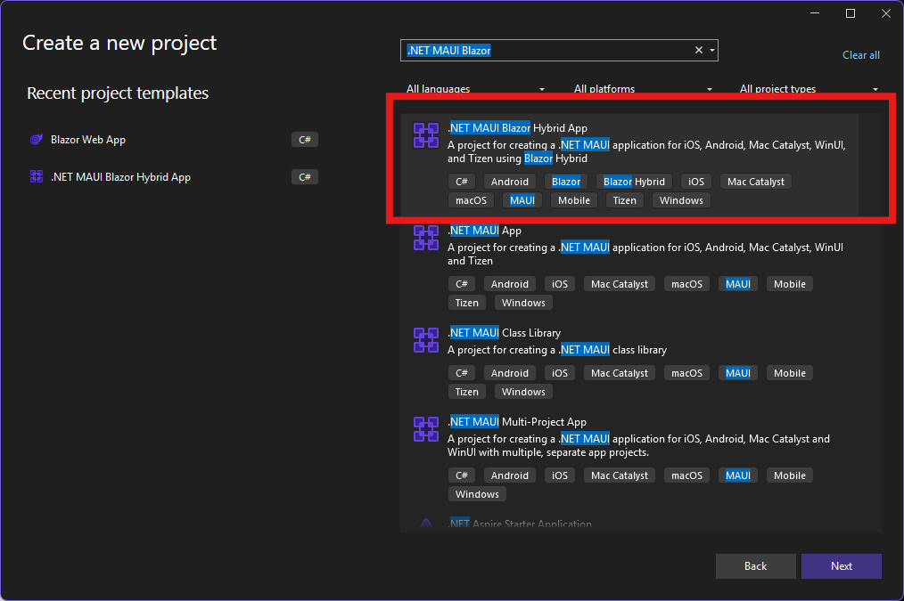 Zrzut ekranu przedstawiający ekran Tworzenie nowego projektu programu Visual Studio 2022 i szablon aplikacji blazor platformy .NET MAUI.