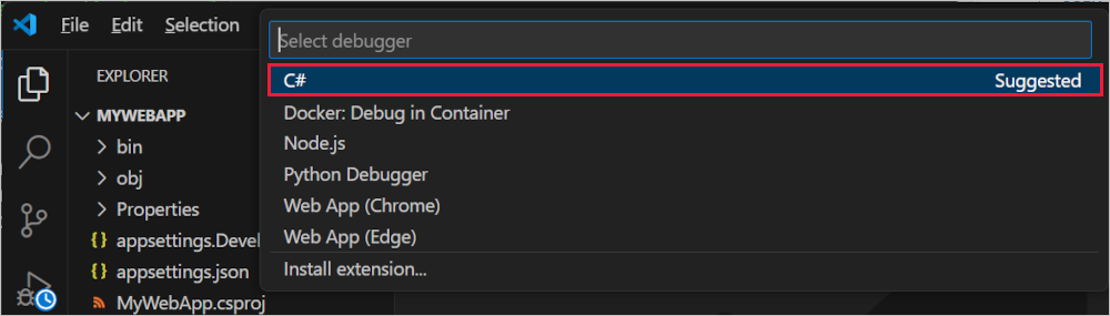 Zrzut ekranu przedstawiający wybieranie debugera w palecie poleceń.