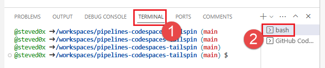 Zrzut ekranu przedstawiający okno terminalu w edytorze online programu Visual Studio Code. 